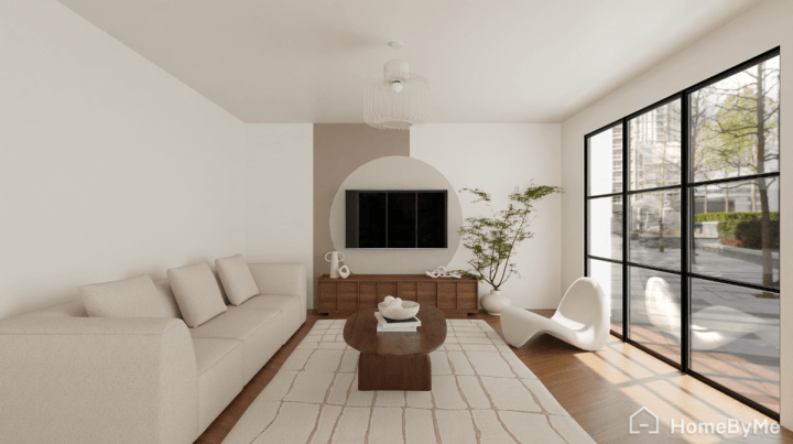 Paint idea with rounded and straight beige shapes on the TV unit wall in a modern living room