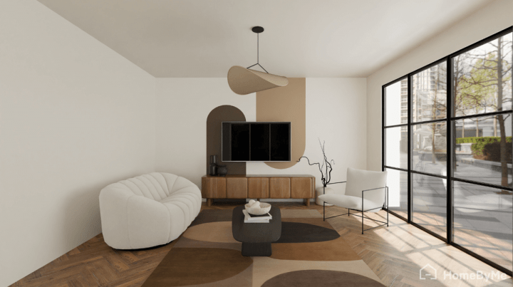 Double arch paint idea on the TV unit wall in a modern living room