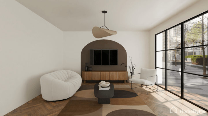 Brown arch paint idea on the TV unit wall in a modern living room