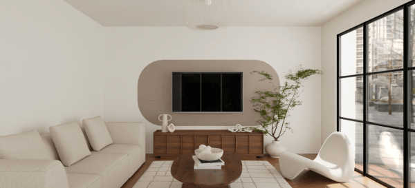 Vertical rounded beige paint idea on the TV unit wall in a modern living room