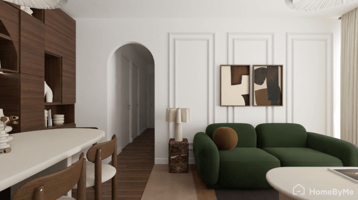 Warm green living room with dark wood accents