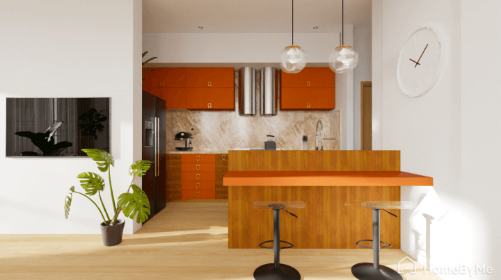 Cocina mid-century modern con acentos naranja vibrantes y fuerte personalidad