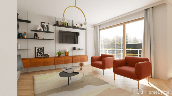 Salón mid-century modern con líneas limpias y diseño abierto lleno de luz natural