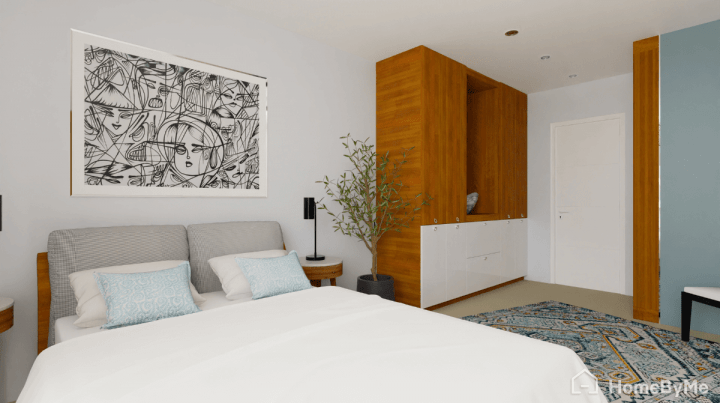 Dormitorio mid-century que combina madera cálida y azul profundo