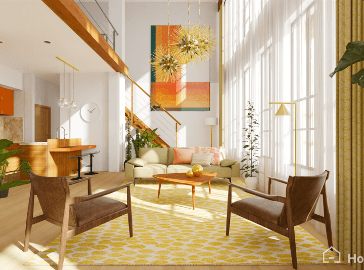 Salón de estilo mid century modern con colores marron e naranja