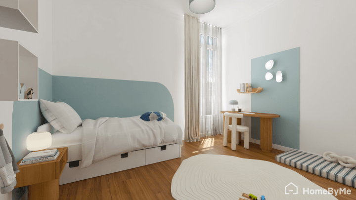 Rendu 3D chambre garçon ou fille bleu canard et bois, lit avec rangements, bureau enfant et tapis rond.