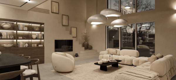 Very trendy spacious living room with cool accent and big rounded furniture