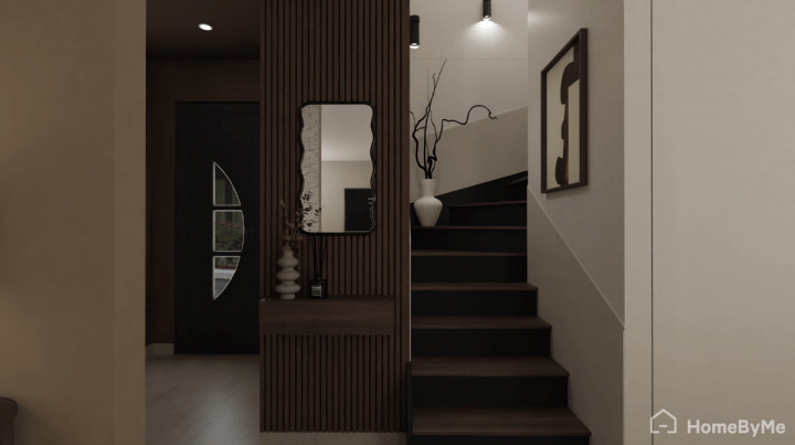 Dark wood entrance from a trendy and brown living room
