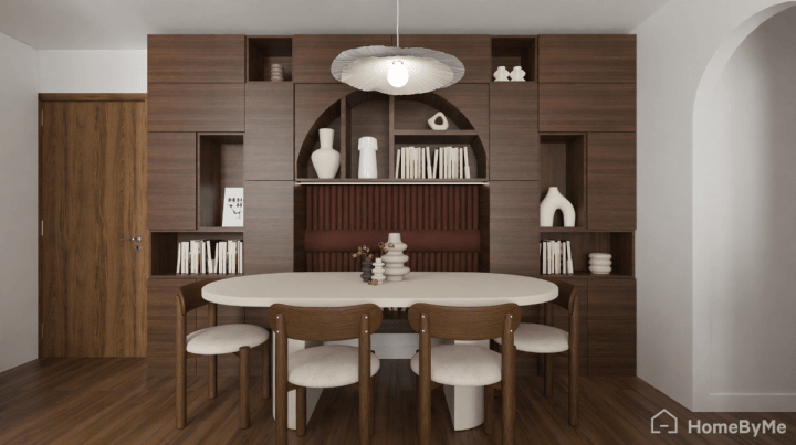 Dark brown bookcase for a 2026 trendy dining room