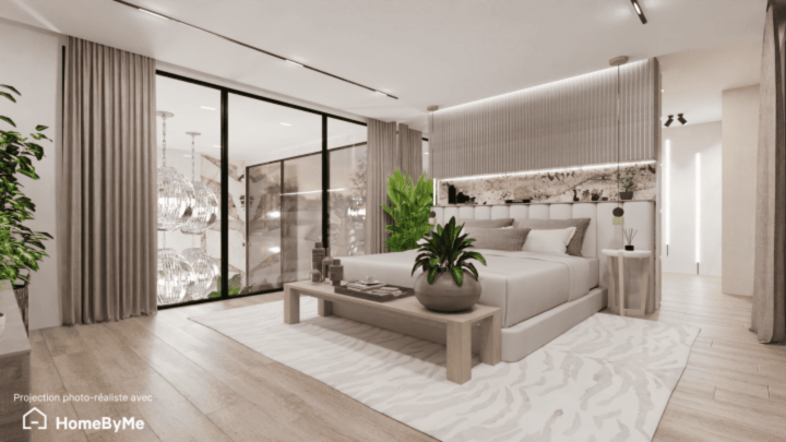 Plano de dormitorio de estilo contemporaneo en 3d para la pagina de inicio de HomeByMe