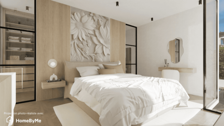 Plano de dormitorio de estilo moderno en 3d para la pagina de inicio de HomeByMe