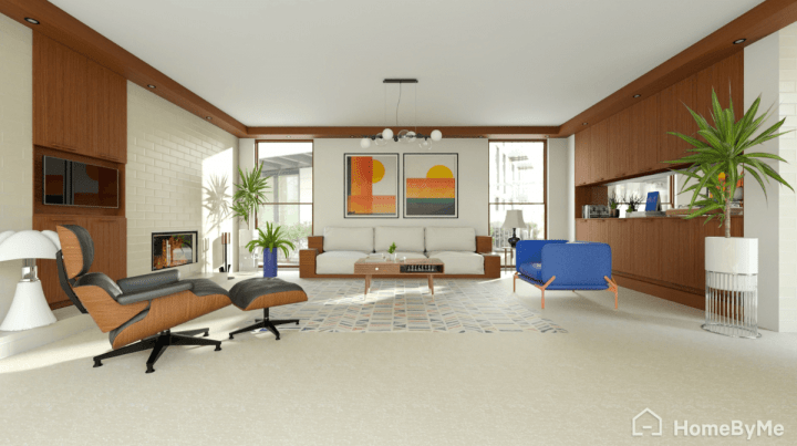 Salon spacieux mid-century modern aux lignes épurées et à l’agencement ouvert