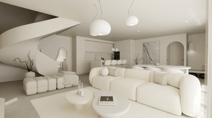 4K realistic image of a trendy 2026 living room painted in cloud dance paint