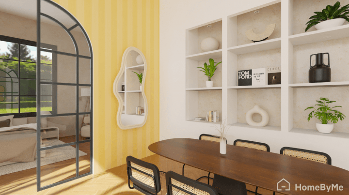 Top interior trend for 2026 of a stripped and colorful living room