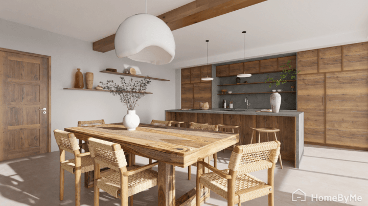 4K realistic image of a trendy kitchen made with natural woods and softer materials