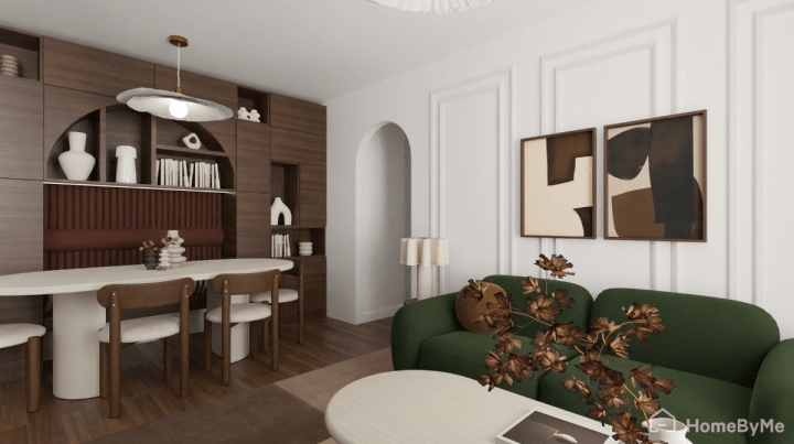 4K realistic image of a trendy 2026 living room with vintage dark wooden furniture