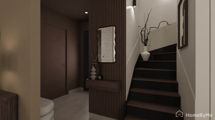 4K realistic image of an entrance designed with smoked oak wood.