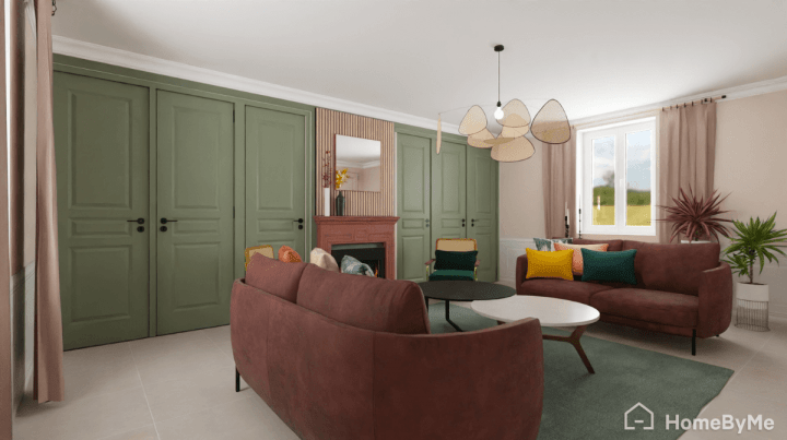 Trendy spacious living room in warn eucalyptus tones