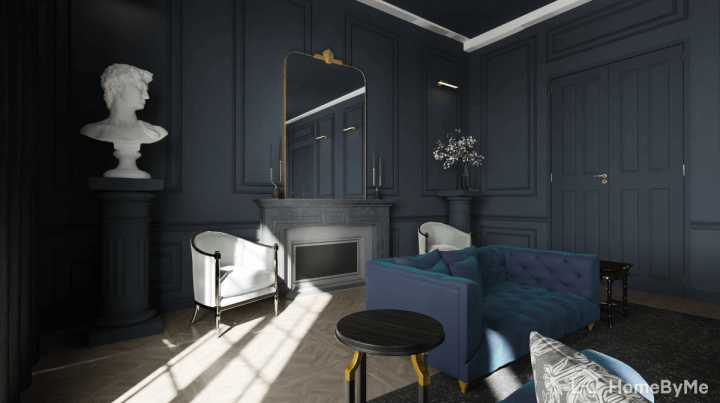 Trendy monochrome bleu night living room