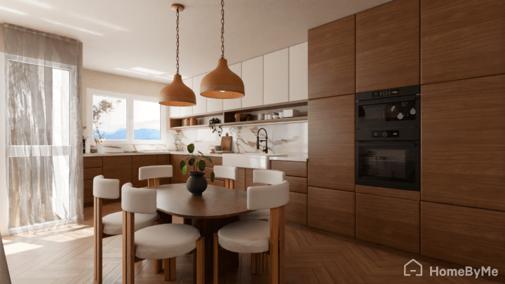 Kitchen layout planner of a mid-century kitchen with brown and oranges tones