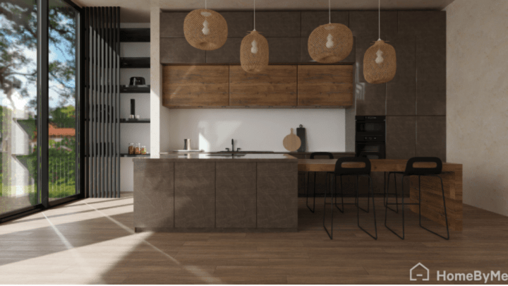 Dark and trendy Kitchen layout planned with homebyme