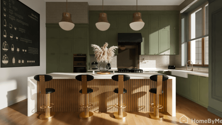 Trendy green kitchen layout with wooden high chairs