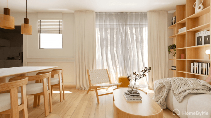 Image réaliste d'un salon- salle à manger tendance de style scandinave bois et beige