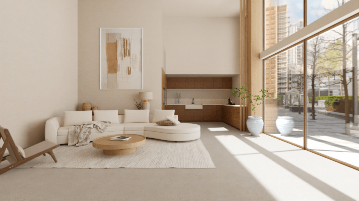 Image réaliste d'un salon tendance de style scandinave bois et beige