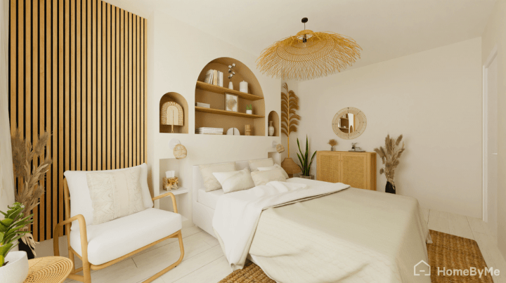 Image réaliste d'une chambre parentale ocre et blanche, de style scandinave