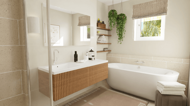 Image réaliste d'une salle de bain de style scandinave avec des touches de nature