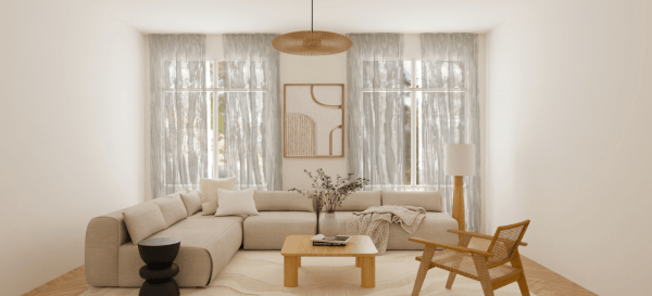 Image réaliste d'un salon tendance de style scandinave bois et beige