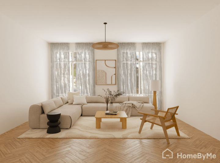 Image réaliste d'un salon tendance de style scandinave bois et beige