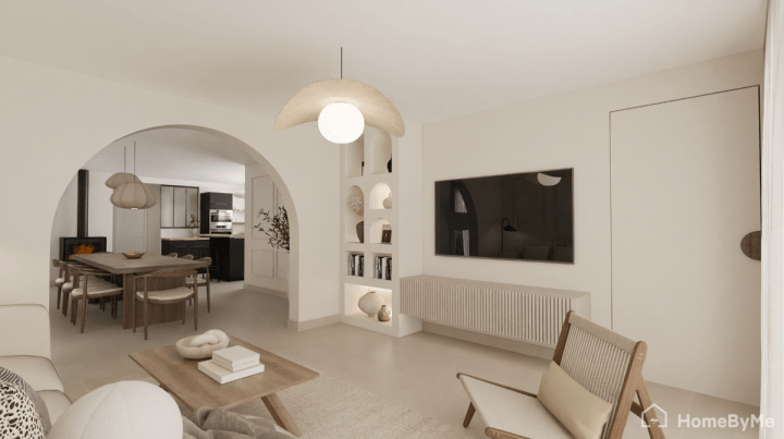 Modern Scandinavian living-dining room in grayish tones