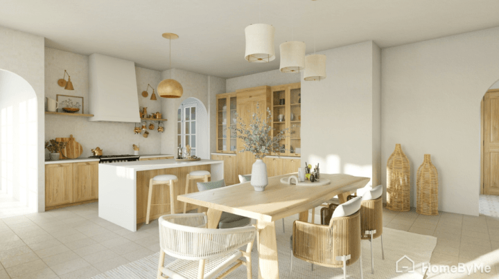 4K realistic rendering of a white and wood decor for a scandinavian kitchen