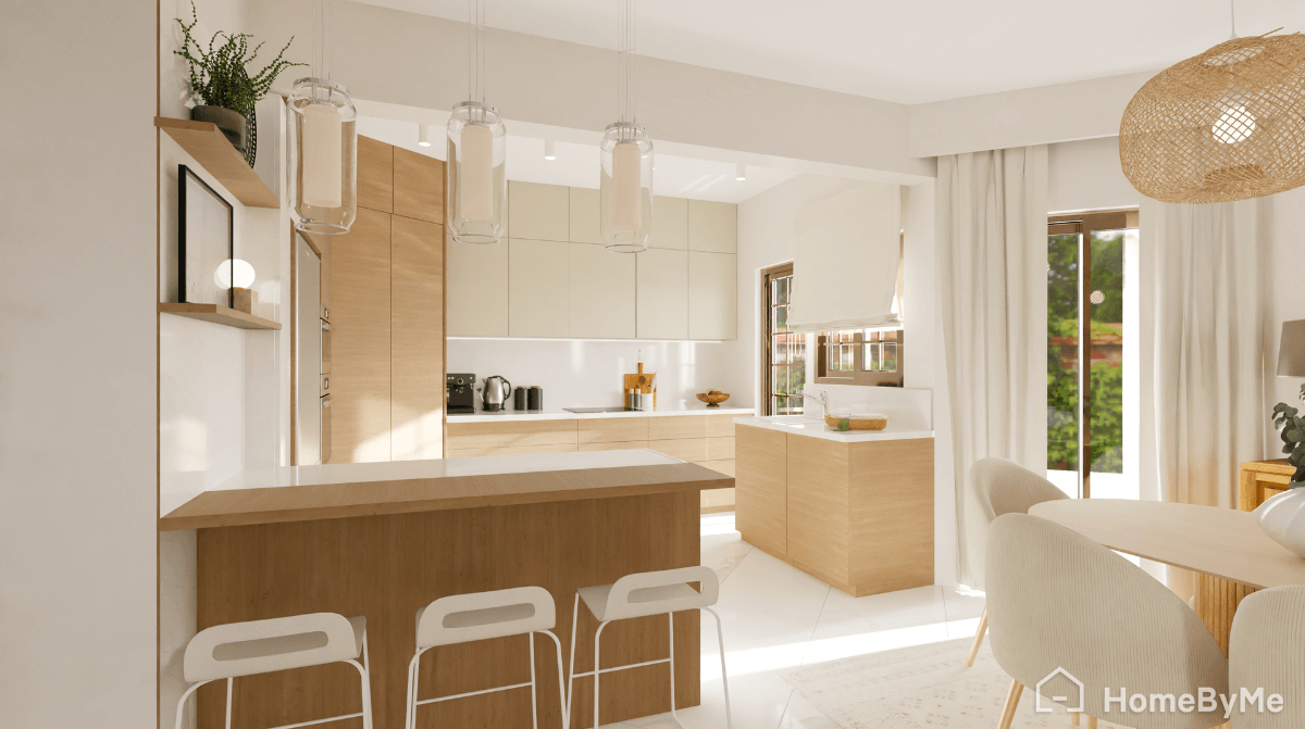 Cuisine scandinave blanche et bois avec salle à manger moderne