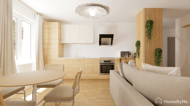 Cuisine scandinave en bois clair avec plan de travail en chêne et façades épurées