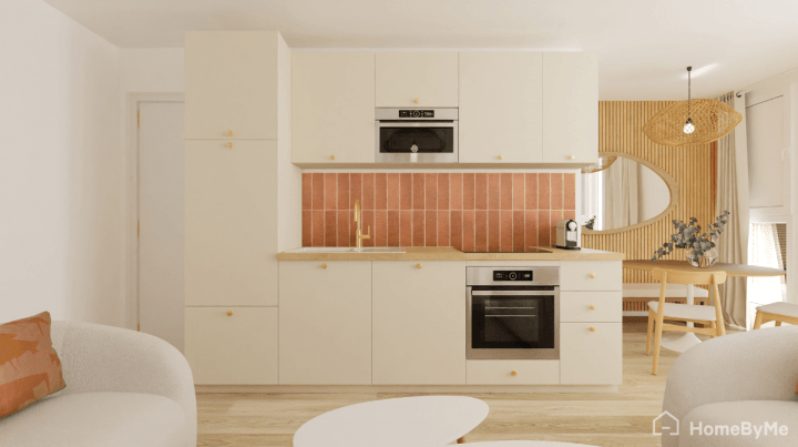 Cuisine blanche et beige avec touches de gris doux et lumière naturelle