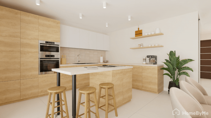 Cuisine scandinave en bois clair avec plan de travail central