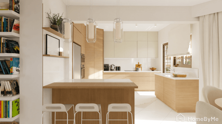 Cuisine de style nordique traditionnelle au mobilier bois et lumière
