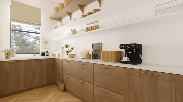 Petite cuisine en bois et comptoir blanc d'inspiration scandinave