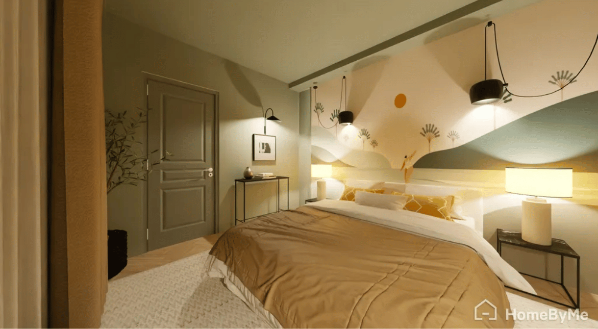 idée déco chambre avec papier peint fresque abstraite