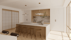 Sleek Nordic kitchen with white and soft wood elements
