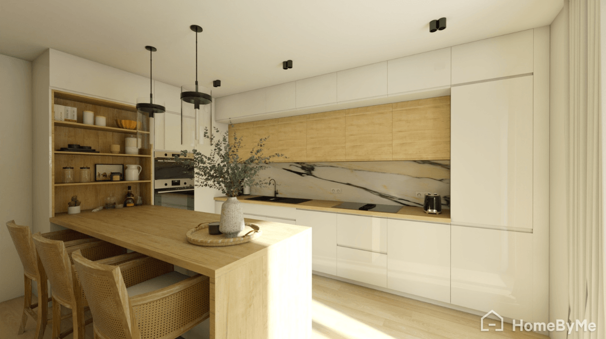 Minimalist Scandinavian kitchen in white and light oak