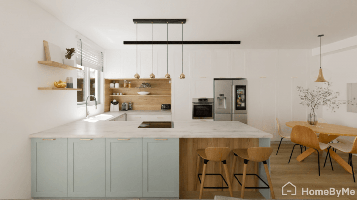Clean Scandinavian kitchen with blue cabinets and natural wood details