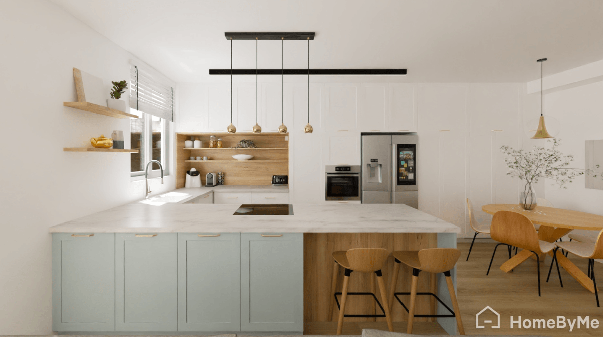 Clean Scandinavian kitchen with blue cabinets and natural wood details