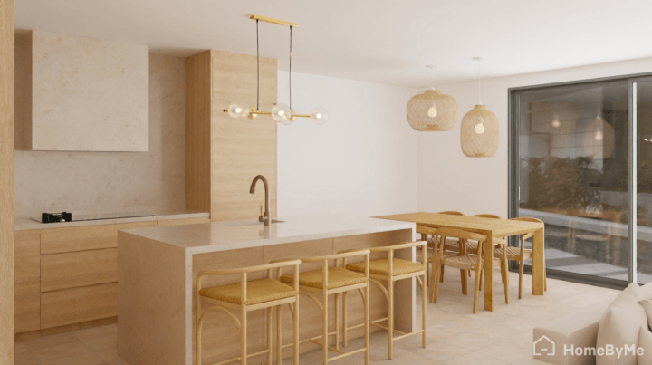 Light-filled Scandinavian kitchen with white and natural wood palette