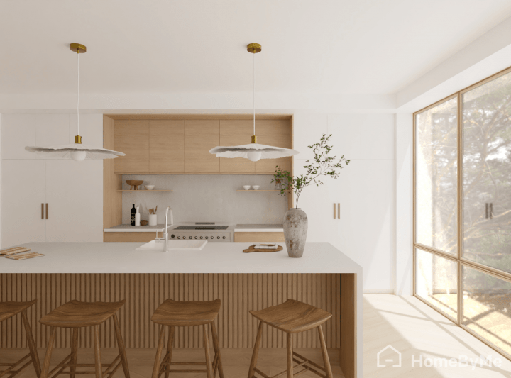 Bright Scandinavian kitchen with white and soft wood tones