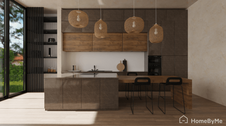 Cuisine sombre et lumineuse avec circulation optimisée et mobilier moderne