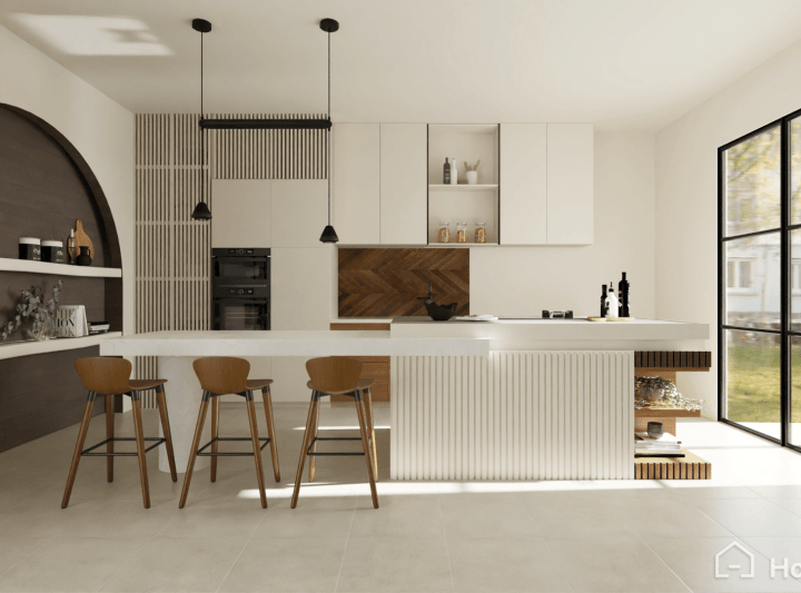 Rendu réaliste 4K d'une cuisine en I hyper tendance blanche et marron