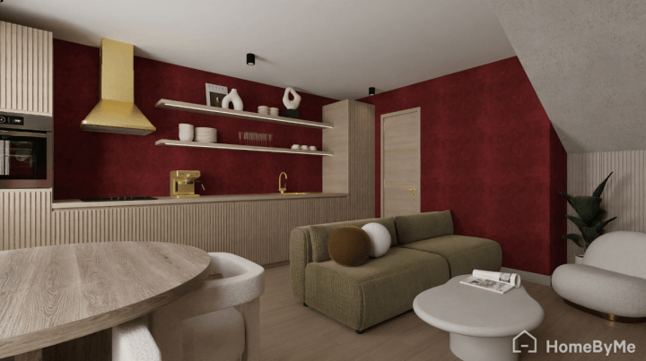 Rendu réaliste 4K d'une cuisine en I design bordeaux et vert